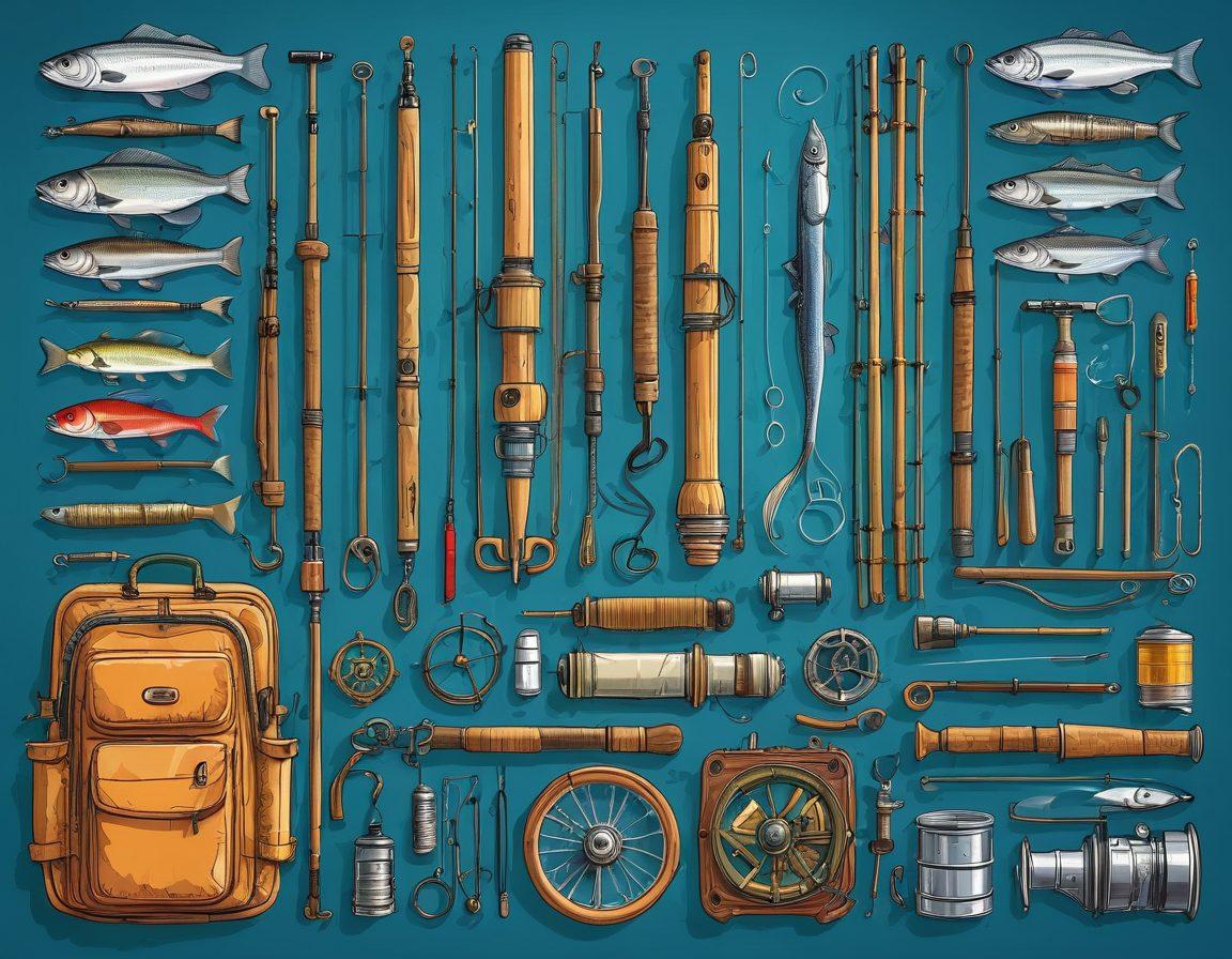 A detailed illustration of diverse fishing equipment laid out in three distinct sections: freshwater gear, saltwater gear, and deep sea gear. Each section includes rods, reels, lures, and other accessories specific to the environment, with backgrounds showing relevant water bodies for context. The freshwater section depicts a serene lake, the saltwater section features a vibrant ocean shoreline, and the deep sea section shows a vast, deep blue sea. vibrant colors. vector art.