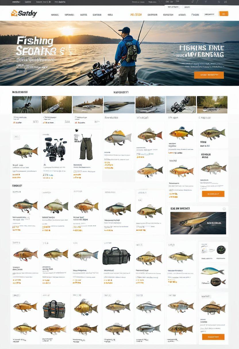 A bustling online fishing shop interface with a variety of fishing gear and gadgets on display, including rods, reels, lures, and tackle boxes. Add banners and labels advertising top brands and quality assurances. Incorporate a clear, user-friendly navigation menu and a search bar. Depict enthusiastic fishermen browsing and making purchases. super-realistic, vibrant colors, white background.