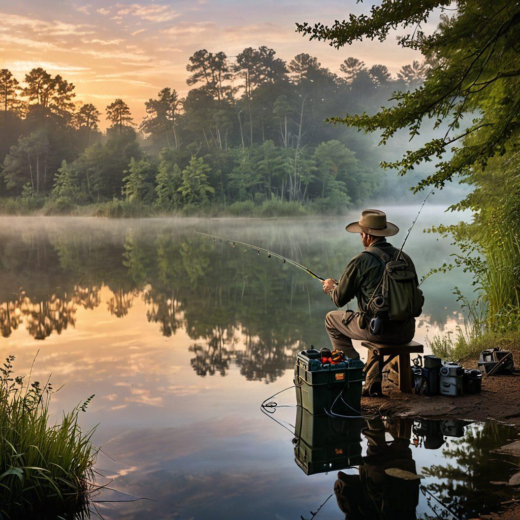 A picturesque lakeside scene at dawn with a seasoned angler wearing a wide-brimmed hat, holding a fishing rod and showcasing a freshly caught fish. Surrounding him are various types of fishing gear like tackle boxes, different rods & reels, and lures, displayed neatly. In the background, serene waters, lush greenery, and an early morning mist. super-realistic. vibrant colors.